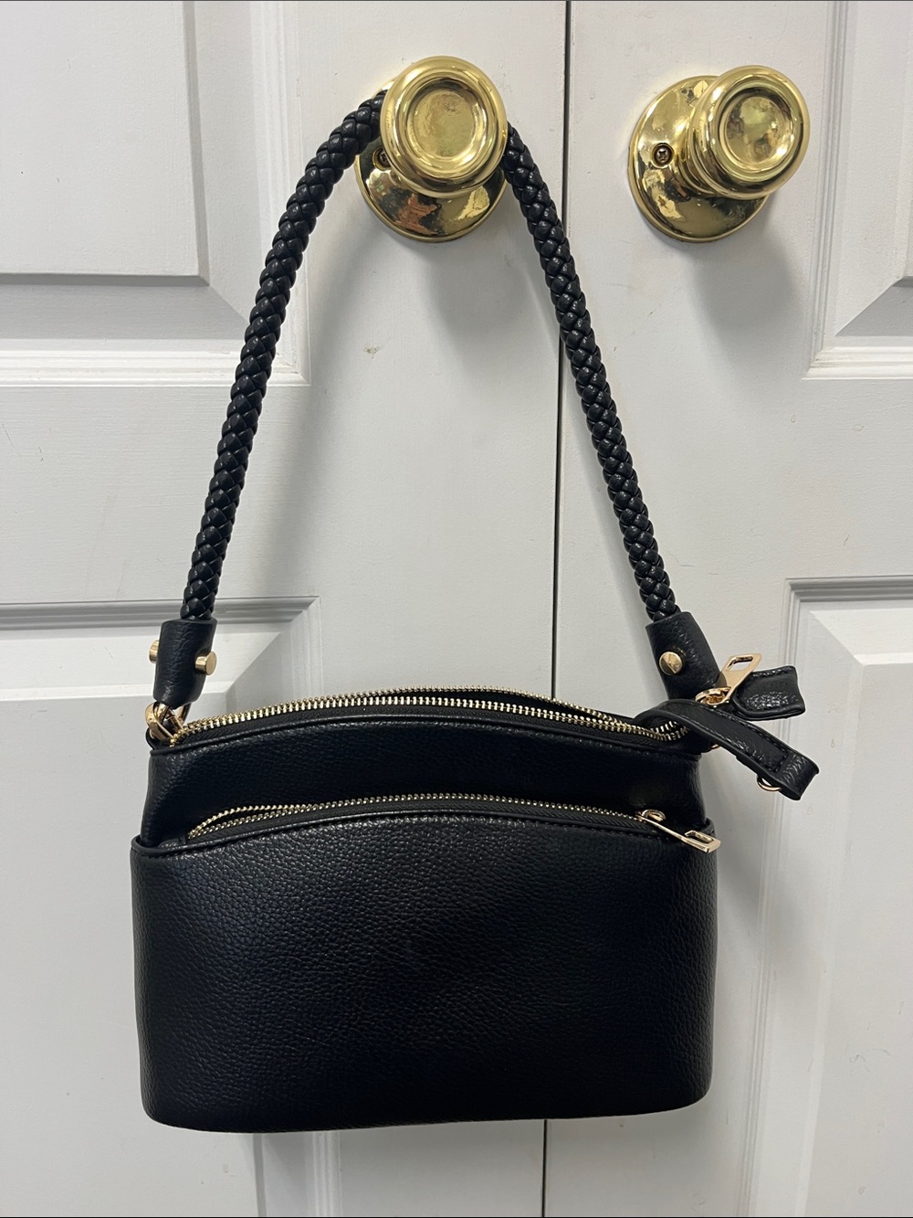 Black Braided-Handle Shoulder Leather Bag with Gold Hardware